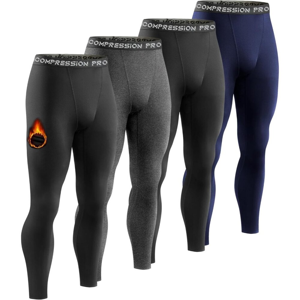 4 Pack Men Thermal Compression Pants,Fleece Lined Heated Leggings for Cold Weath